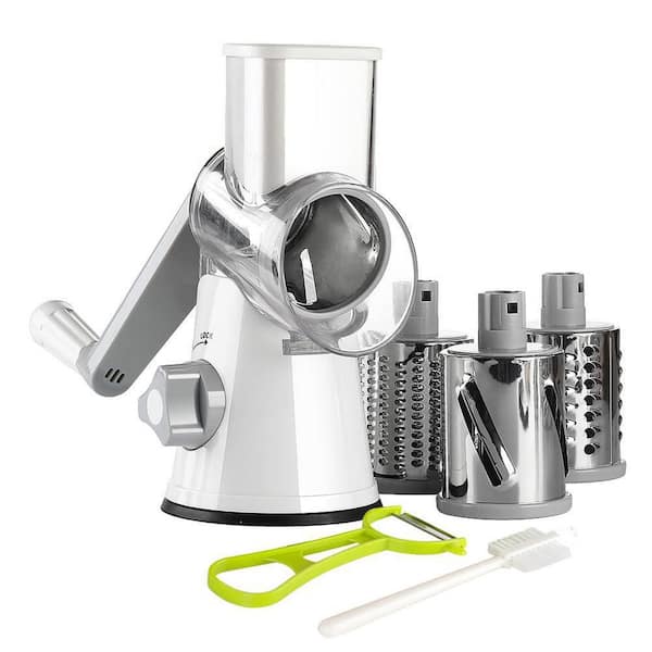 White Rotary Cheese Grater with 3 Blades for Cheese, Vegetables, Chocolate, Potato, Carrot, Hand Crank Kitchen Shredder