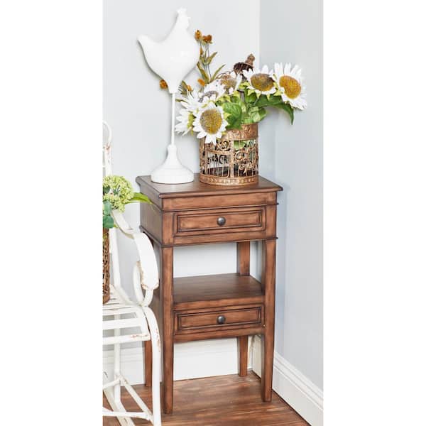 Litton Lane 12 in. Brown 2 Drawers and 1 Shelf Large Rectangle Wood End Accent Table