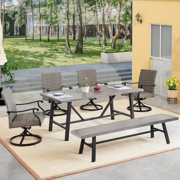ULAX FURNITURE 6-Piece Wicker Outdoor Dining Set with Steel Bench, Swivel Chairs and Table
