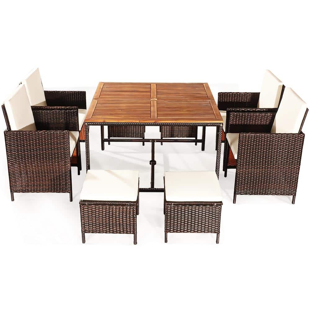 29.5 in. 9-Piece Wicker Square Outdoor Dining Set with White Cushion price history on PriceWatchPro
