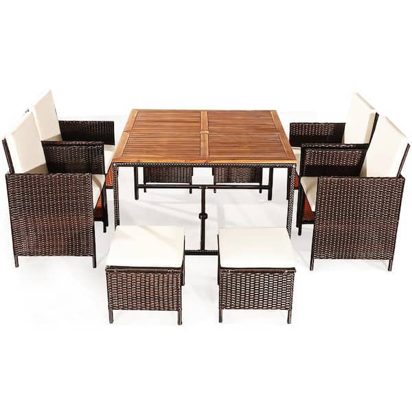 Costway 29.5 in. 9-Piece Wicker Square Outdoor Dining Set with White Cushion