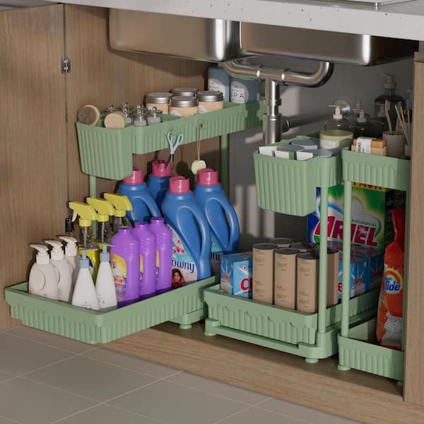 3 Pack Multi-Purpose Under Sink Organizers, L-Shaped Pull Out Cabinet Organizer with Hooks Hanging Cup, Green