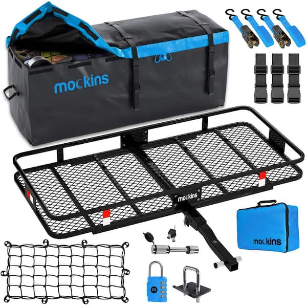 Mockins 500 lbs. Capacity Hitch Mount Cargo Carrier Set with Folding Shank and 2 in. Raise, Cargo Bag, Net, Straps, Locks - Blue