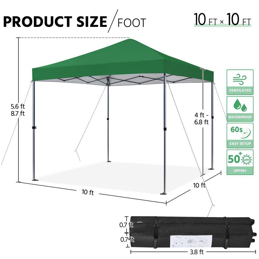 10x10ft Dark Green Adjustable Height Pop-Up Canopy Tent
