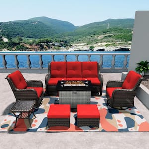 7-Piece PE Rattan Wicker Patio Conversation Set Outdoor Chairs and Fire Pit with Red Cushion
