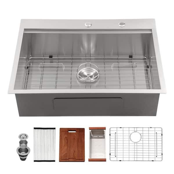 30 in. Drop in. Workstation Sink Single Bowl 18-Gauge Brushed Stainless Steel Kitchen Sink with Accessories