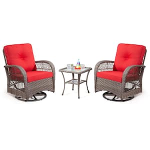3--Piece Brown Wicker Outdoor Bistro Set with Red Cushions