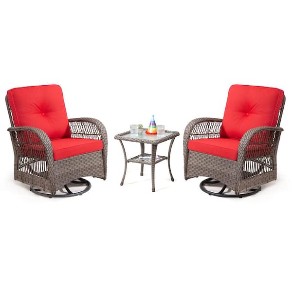 Tenleaf 3--Piece Brown Wicker Outdoor Bistro Set with Red Cushions