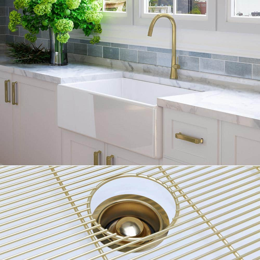 Luxury White Solid Fireclay 33 in. Single Bowl Farmhouse Apron Kitchen Sink with Matte Gold Accs and Flat Front -  Fossil Blu, WHS1002BB