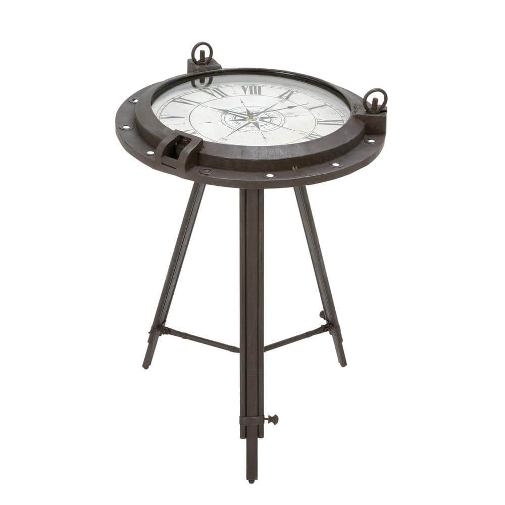 Black Iron Compass Clock Accent Table with Glass Top