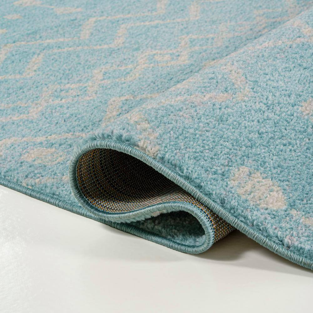 Turquoise and Cream Moroccan Synthetic Area Rug, 5'3" x 7'7"