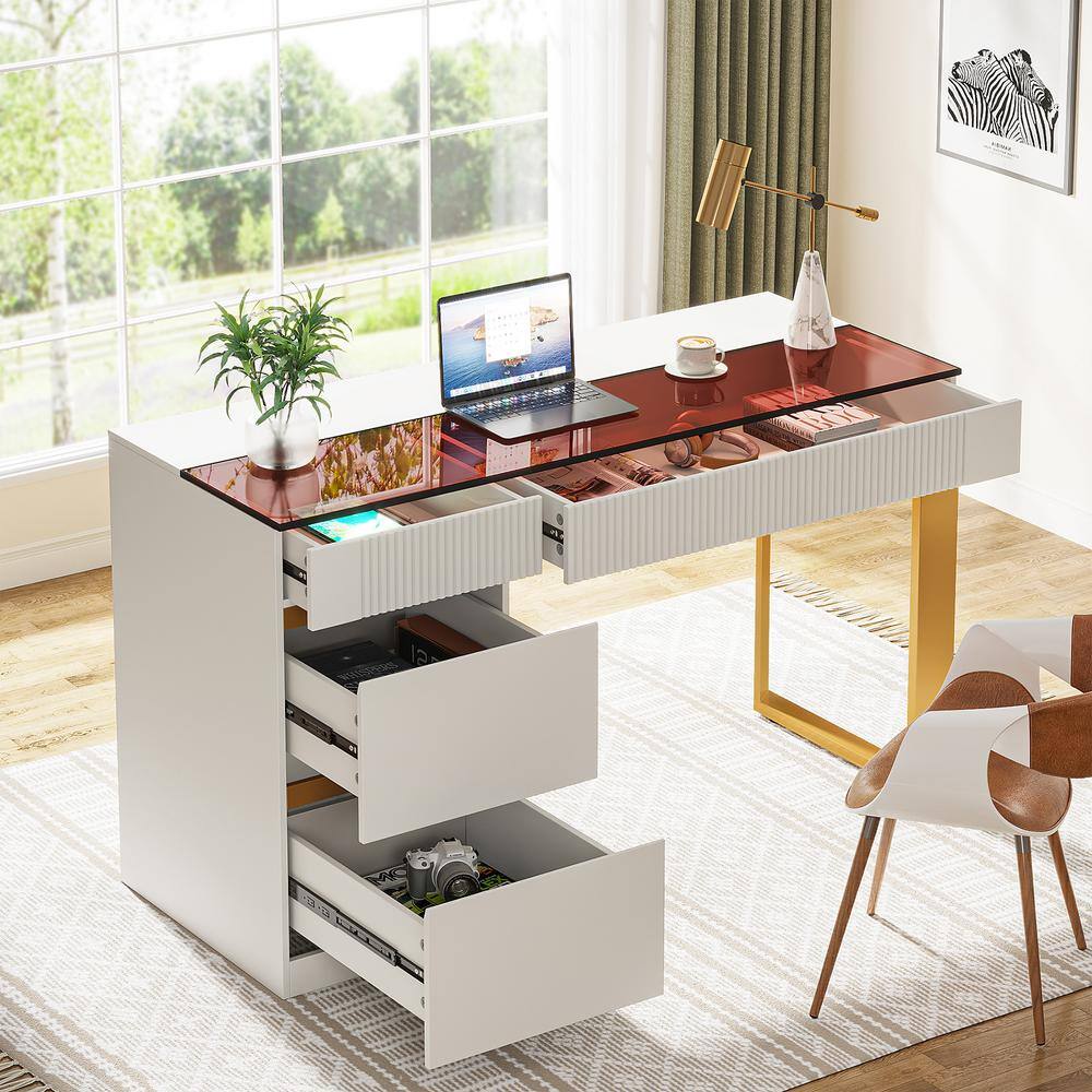 Halseey 47 in. Rectangular White Wood 4-Drawer Computer Desk with Storage and Tempered Glass Top