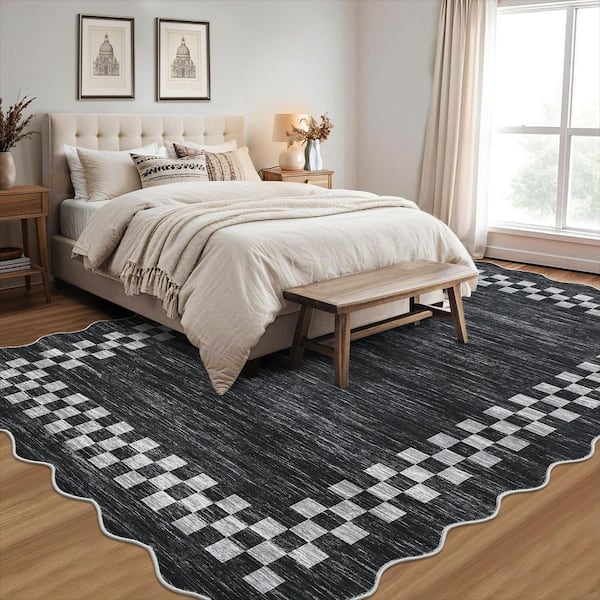 Dark Gray 9 ft. x 12 ft. Non-Slip Block Print Rug Machine Washable Ultra Thin Soft for Bedroom Dining Room Office