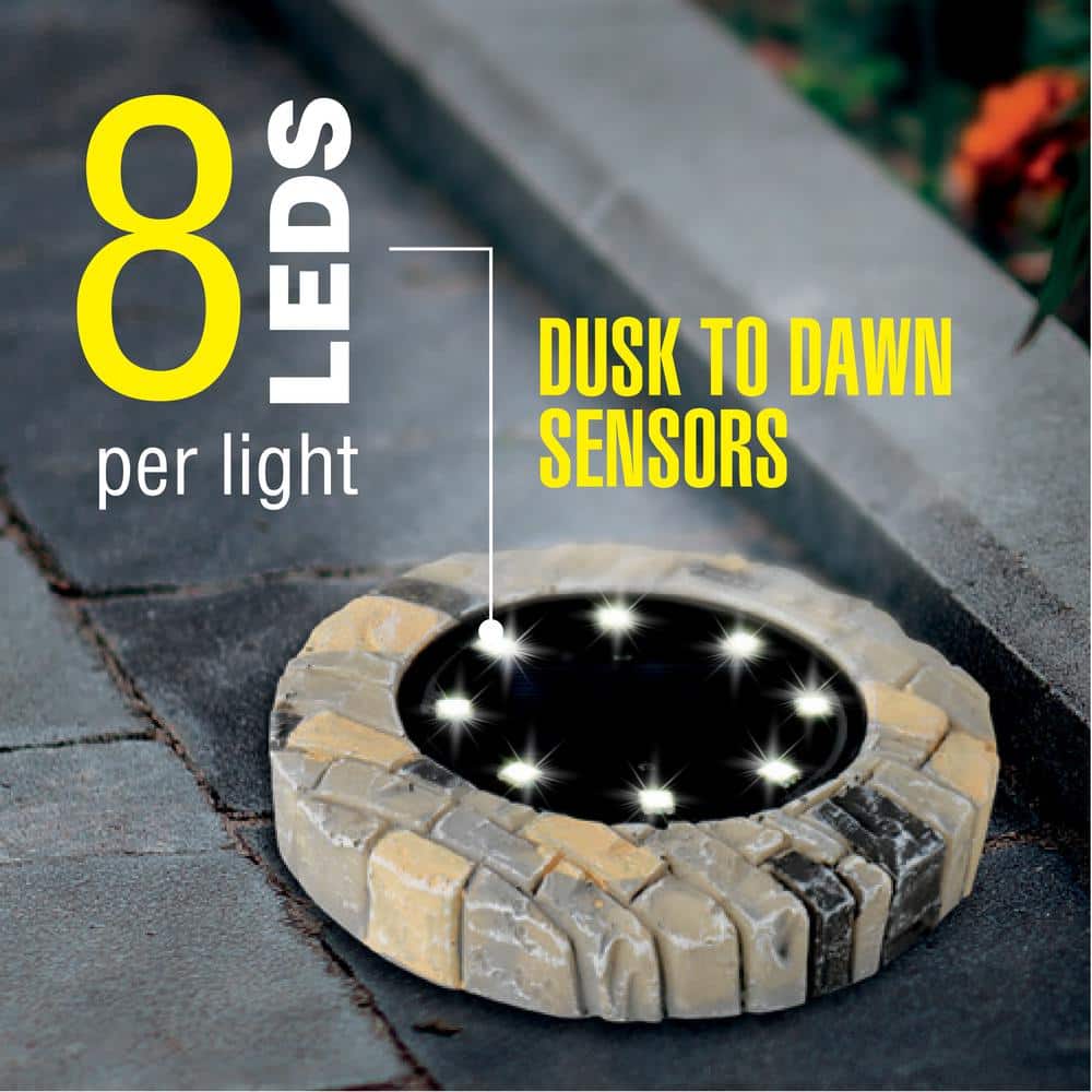 Stone Dark Gray Solar Powered LED Pathway Disk Lights, Set of 4