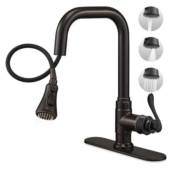 3-Mode Oil Rubbed Bronze 14.5 in. H Pull Down Sprayer Kitchen Faucet with 360° Swivel Spout, Deck Plate and Hoses