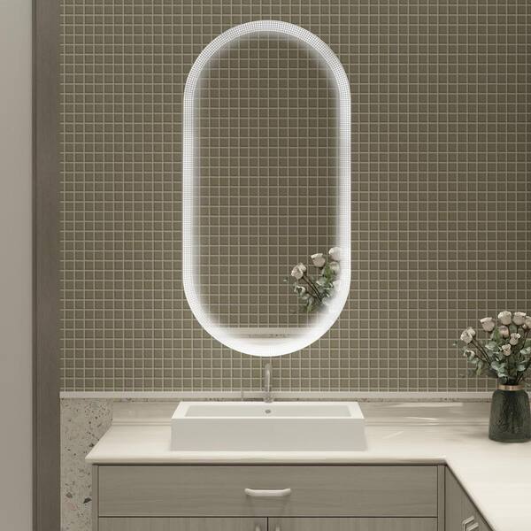 Staykiwi 18 in. W x 35 in. H Oval Frameless Anti-Fog Dimmable Wall Bathroom Vanity Mirror in Silver