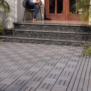 12 in. x 12 in. Outdoor Gray Checker Pattern Square Wood Interlocking Waterproof Flooring Deck Tiles(Pack of 20 Tiles)