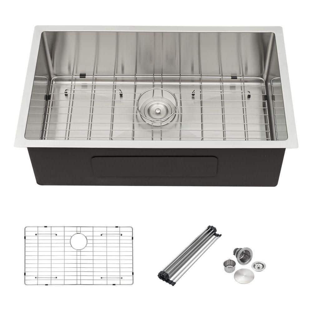 Brushed Nickel 16 Gauge Stainless Steel 32 in. Single Bowl Undermount Works