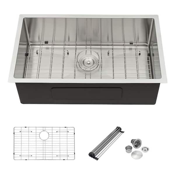 Brushed Nickel 16 Gauge Stainless Steel 32 in. Single Bowl Undermount Workstation Kitchen Sink with Bottom Grid