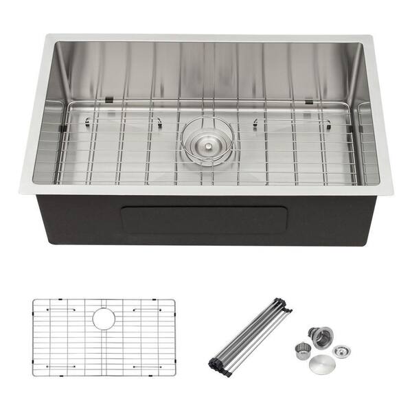 32 Inch Undermount Workstation Kitchen Sink - Single Bowl Stainless Steel, 9" Deep