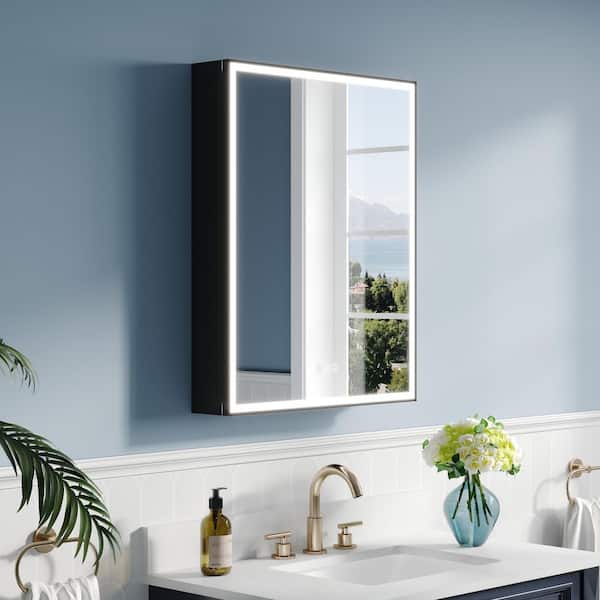 ANGELES HOME 24.01 in. W x 30 in. H Rectangular Black Aluminum Recessed/Surface Mount LED Medicine Cabinet with Mirror, Right Hinge
