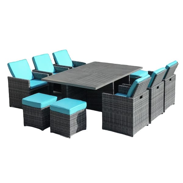 DIRECT WICKER Trip Grey 11-Piece Wicker Rectangular Outdoor Dining Set with Light Blue Cushion, Aluminum Table Top