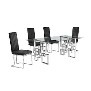 Dominga 5-Piece Rectangular Glass Top With Stainless Steel Base Dining Set With 4 Black Velvet Fabric Chrome Chair