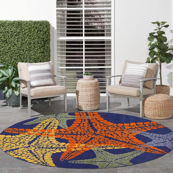 Aloha Blue Multicolor 8 ft. x 8 ft. Nature-inspired Contemporary Round Indoor/Outdoor Area Rug