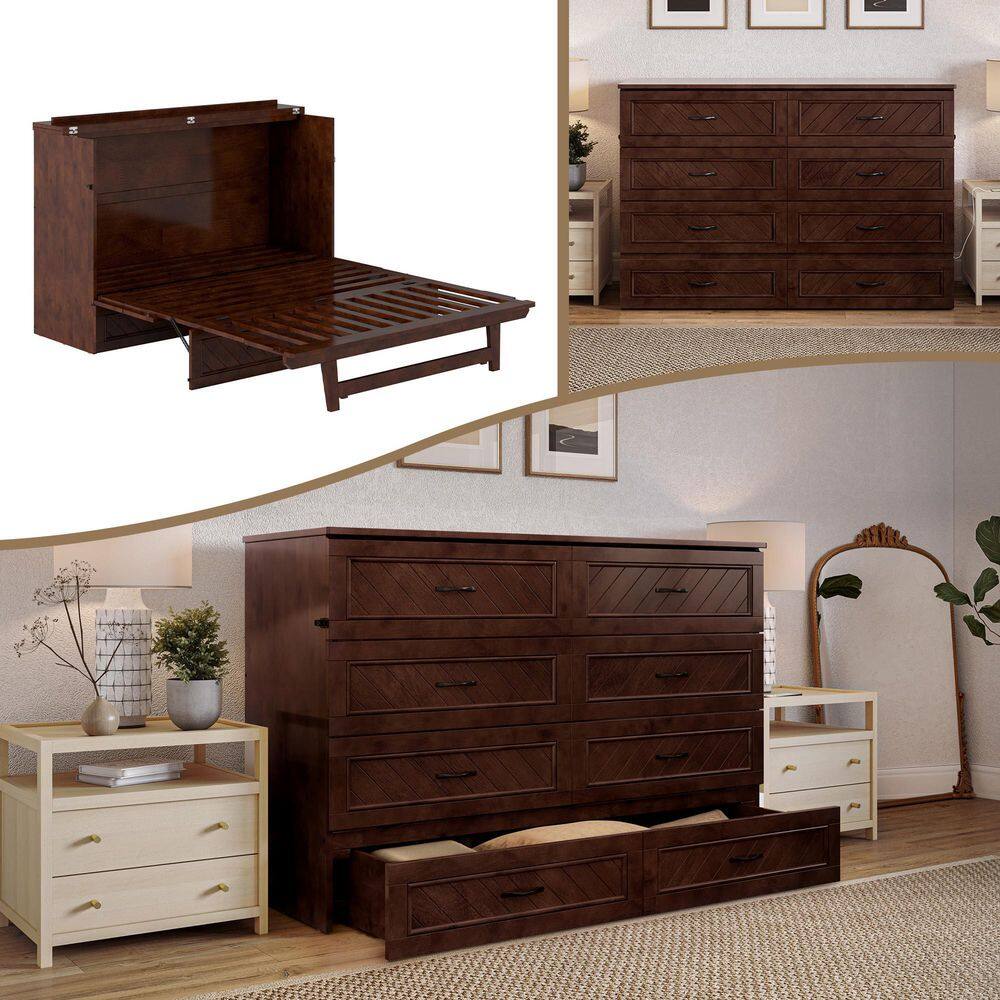 Dakota Queen Walnut Wood Murphy Bed Chest with Storage Drawer
