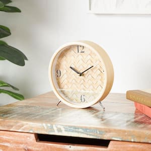 7 in. x 7 in. Light Brown Wood Woven Chevron Patterned Clock with Silver Legs
