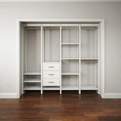 91 in. W White Adjustable Tower Wood Closet System with 3 Drawers and 15 Shelves