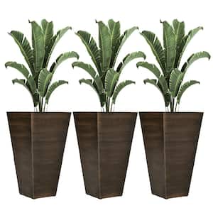 28 in. Tall Outdoor Planters, Set of 3 Large Taper Planters with Drainage Holes and Plug, Faux Wood Plastic Pots, Brown