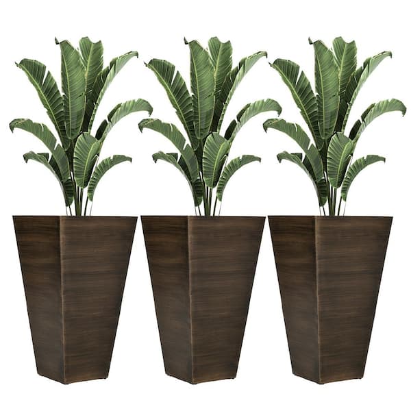 Out sunny 28 in. Tall Outdoor Planters, Set of 3 Large Taper Planters with Drainage Holes and Plug, Faux Wood Plastic Pots, Brown