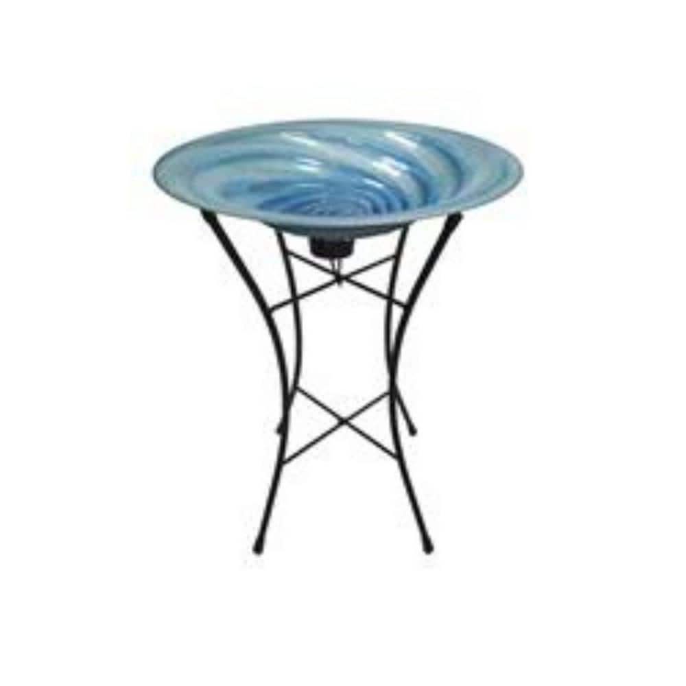 Evergreen 15 in. Blue Swirl Glass Birdbath with Solar Stand