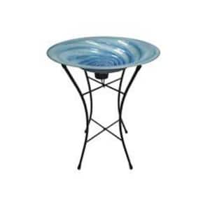 15 in. Blue Swirl Glass Birdbath with Solar Stand