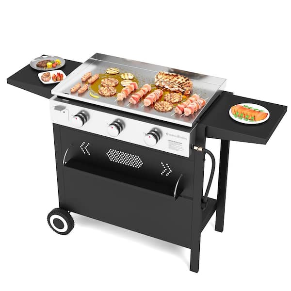 MFSTUDIO Flat Top Gas Griddle Grill with lid, 3 Burner Propane BBQ Grill  Outdoor Cooking, Can be Used As a Table Top Griddle, for Camping, 33,000 BTU