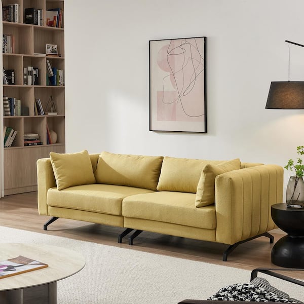Harper & Bright Designs 86 in. Square Arm Polyester Modern Rectangle Sofa in. Yellow with Metal Legs