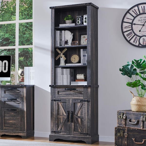 72 in. Tall Dark Rustic Oak Wood 4-Shelf Standard Bookcase with Drawer and Adjustable Shelves