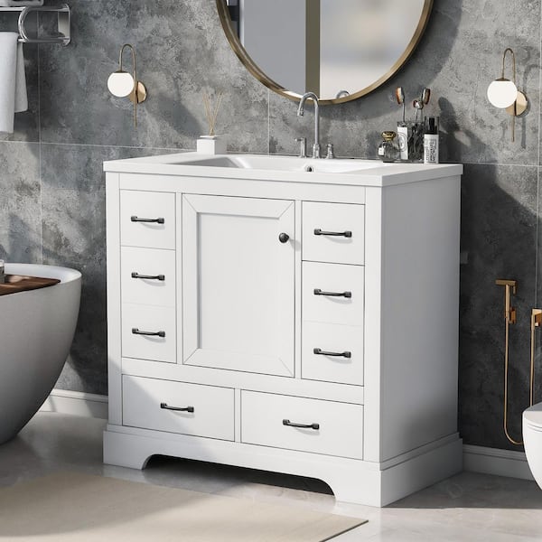 SEEUTEK Logan 36 in. W x 18 in. D x 34 in. H Freestanding Bath Vanity in White with White Ceramic Top