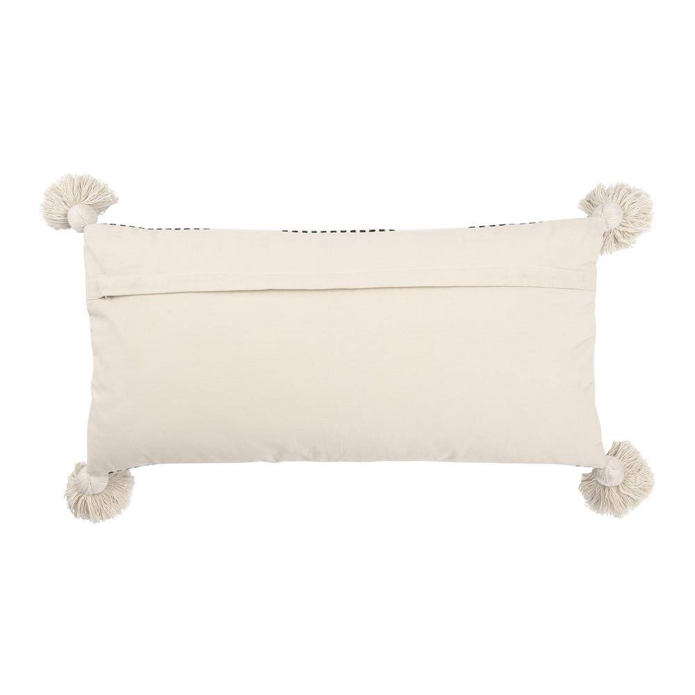 Black and Cream Cotton Chenille Striped Lumbar Pillow with Tassels