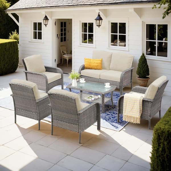 XIZZI Gladiola 6-Piece Wicker Patio Conversation Seating Sofa Set with Beige Cushions