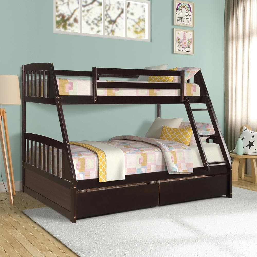 Polibi Espresso Solid Wood Twin Over Full Bunk Bed with 2 Storage
