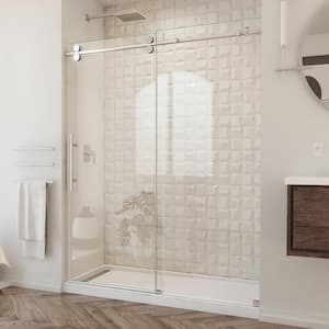 Enigma-XO 56-60 in. W x 76 in. H Fully Frameless Sliding Shower Door in Brushed Stainless Steel