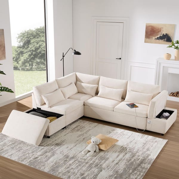 Beige 107 in. L-Shaped Modular Chenille Queen Size Sectional Sofa Bed with Pul-out Sofa Movable Storage Ottoman