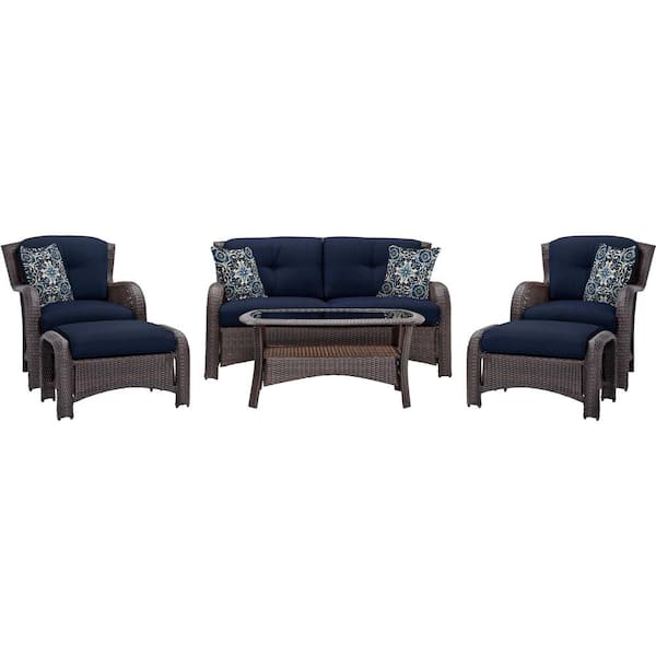 Cambridge Corrolla 6-Piece Wicker Patio Conversation Set with Plush Navy Cushions, Loveseat, Coffee Table, 2 Chairs, 2 Ottomans