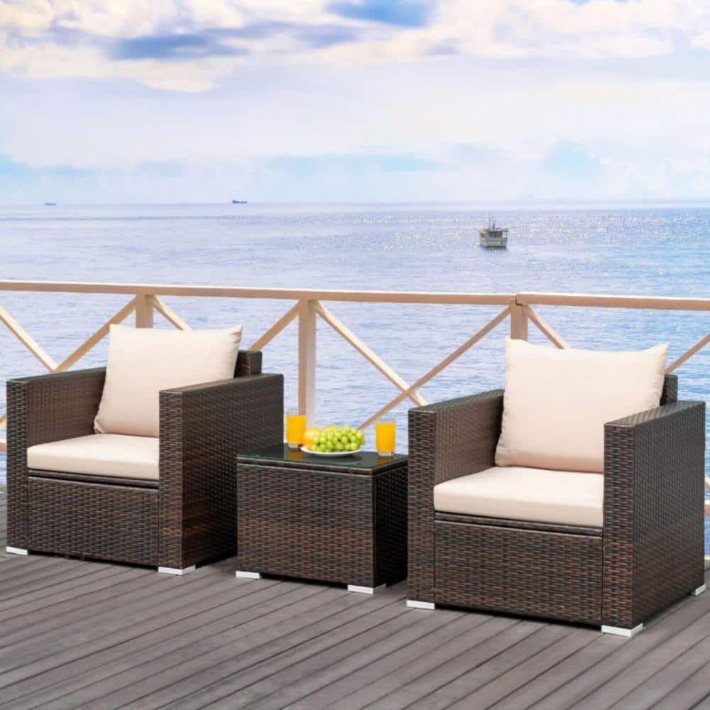 Beige 3-Piece Rattan Patio Conversation Set with Cushions