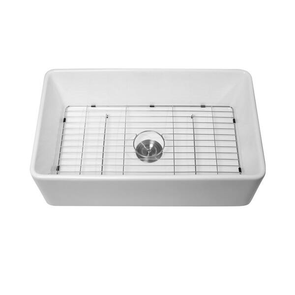 33 in. Drop-In Single Bowl No Gauge Applicable White Ceramic Kitchen Sink and Colander