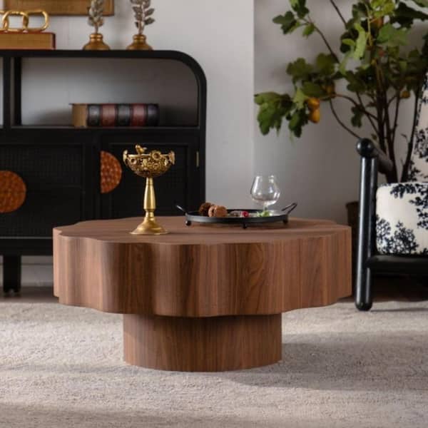 Caleb 31.50 in. Walnut Round MDF Solid Wood Irregular Coffee Table with Nesting Open Storage