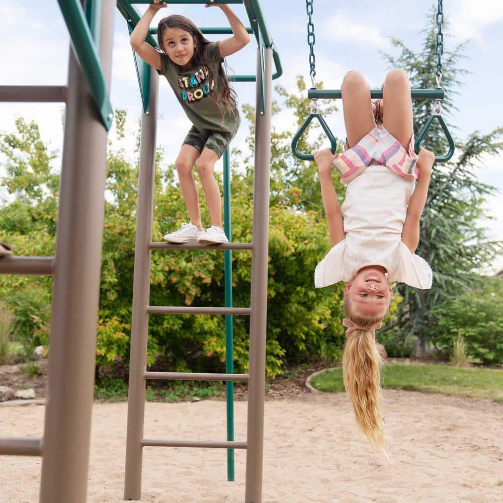 Green and Brown Metal Monkey Bar Swing Set with Slide