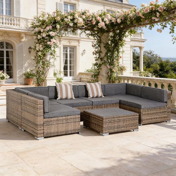 Zeus & Ruta 7-Piece Wicker Outdoor Rattan Sectional Sofa Set with